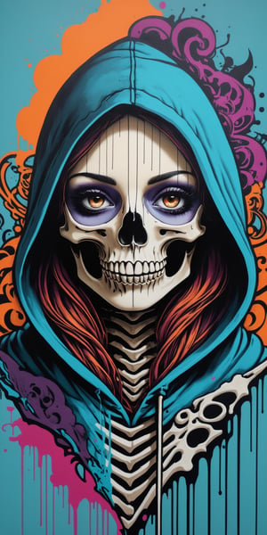 (masterpiece, high quality, 8K, high_res), ((painted with spray paint)), sketch book style,
abstact artwork, wallpaper, graffiti, vibrant, intricate color combinated, 
surreal ultra detailed illustration, 
imagine thehorseman of death in the face of a beautiful girl, She dressed long hoodie with ornament in the form of bones, modern setting, incompatible elements,
pictured by Haring	Keith, inspired by mythology and dark fantasy style,graffitiXL