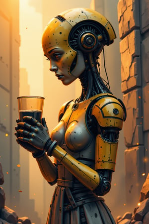 (masterpiece, high quality, 8K resolution) Robotic Oktoberfest, A dystopian world where only robots remain on Earth, preserving human traditions in their new culture. One of these traditions is Oktoberfest. In the illustration, we see a high-tech robot in a female configuration, where only the humanoid form of the body remains from the human. Visually unusual, but at the same time attractive robot in a classic German outfit with a mug of black foamy machine oil in her hands. Warm lighting, metallic reflections, a festive atmosphere in a world destroyed for humanity, where robotic life continues to flicker.,ek_art_b00ster,wat3rc0l0r