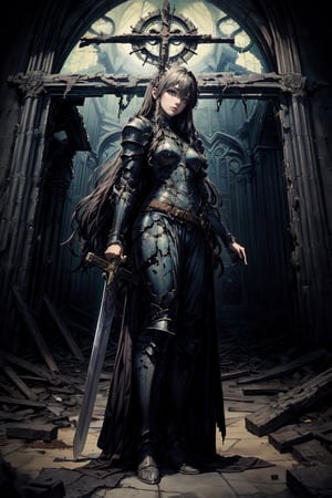 8k, ((best quality)), ((masterpiece)), high_res, anime style, (bilateral symmetry: 1.2), (medium full shot: 1.4)
1 girl, dark long hair, perfect body, beautiful face, stand on feets, sword lowered, broken holy armor, empty hand
background, (ruin church),nodf_lora