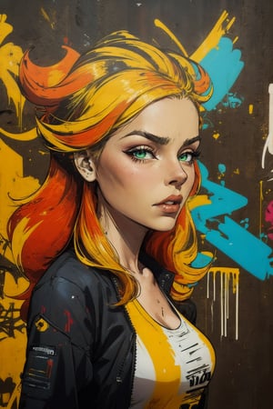 2D, (graffiti of woman:1.5), casual outfit, vibrant, detailed, close up, very attractive, sport figure, abstract, masterpiece, high quality, (street art style:1.2), (blended red and yellow hair:1.3), bright blue eyes, splatoon colors, dynamic pose, graffitiStyle,highres,Anime,graffitiStyle