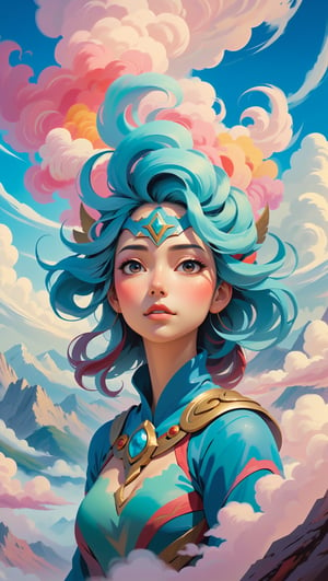 create abstract picture where mountain is a center of exposure and colorful clouds above mountain create a beautiful woman face. She is the guardian spirit of mountain, her face painted in primal style. Prevail soft colors, create inspire embience,ANIME