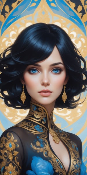 masterpiece, high quality, artwork, surrealism, abstract, absurdes, full-body_portrait of beautiful woman, black hair, blue eyes, black dress with gold intricate ornament, pastel colors, oil painted, atrgerm, trending on ArtStation 
