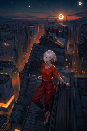 8k, ((best quality)), ((masterpiece)), high_res, anime, (upper body: 1.2), contrast lighting, concept art
1 girl, solo, white hair, sexy body,average breasts, model pose, on the roof, (orange shirt), (breeches: \black\), socks, (sneakers: \red\)
landscape, (city in sundown, sun and moon),perfect light