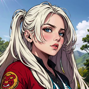 manhwa, high quality, ultra detailed, girl, poses, wildbreaker, drawning style, point of view,wildbreaker,highres, white hair, tattoo,blue eyes, front view, correclt lips, closed lips,highly stylized