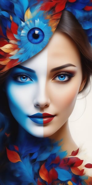 let's create abstract picture about duality of society behavior and hypocrism of human's attitude. Do it through mapping close up portrait of amazingly beautiful woman, half of her face should cover the mask with smile and bright blue eye, other side of her face should be emotionless and with dark mate blue eye, masterpiece, artwork, high quality, very detailed, abstract, surrealism, symbolism, ,Leonardo Style