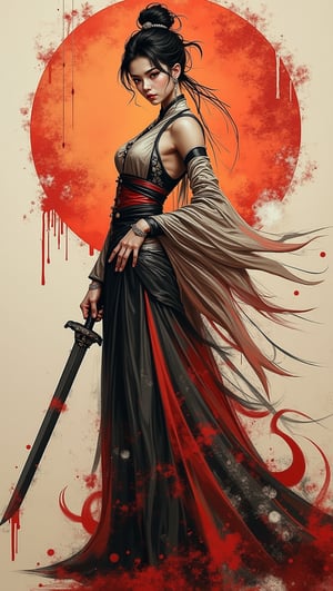 (masterpiece, high quality, 8K resolution),((painted with spray paint)), sketch book style, abstact artwork, wallpaper, graffiti of beautiful young woman, Dressed in a Chinese dress, she holds her hands on a huge long sword. surreal ultra detailed illustration which combinated east aesthetic and west fantasy style, brocade background, graffiStyle