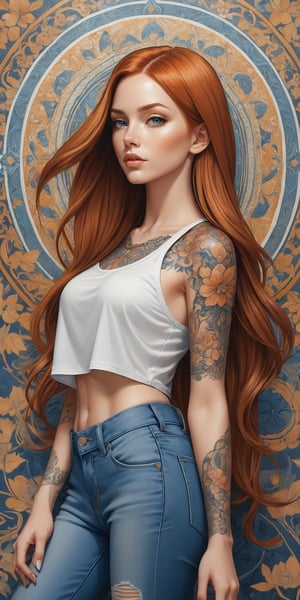 masterpiece, high quality, ultra detailed, sharp focus, breathtakingly beautiful woman as a center of composition, long ginger hair, straight parting, symmetrical styling, crop top with intricate design, tattoes sleeve. slimfit jeans, sneakers, urban style background, ultra detailed background, picture should be done in handpainted style /merge drawing techniques of pencils, ink and aerosol colors/, trending on social media and fashion magazines, side view, posing, fashion grunge photoshot style,score_9,score_8_up,score_7_up,score_6_up,score_5_up,score_4_up,source_anime,niji5