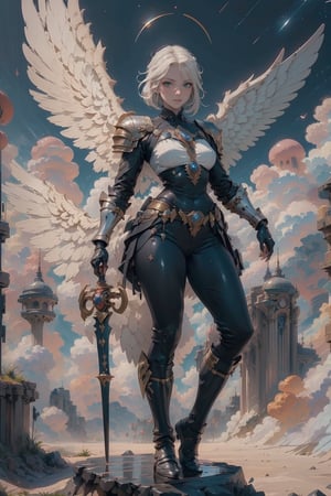 ppcp, (masterpiece, best quality, artwork), (extremely detailed 8K picture, absurdes, 8k resolution), (symmetry: 1.3), (female angel \Kayle\). six ultra detailed huge wings, fly in the air, casual clothes,fantasy background, armor,highres,,1 girl,StarfireDC,Animecartoon mix