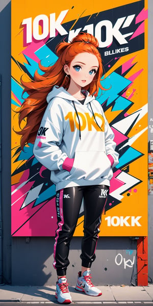 (masterpiece, high quality, 8K, high_res:1.5), 
establishing shot, incredibly beautiful woman standing near a bilboard with text "10K_likes! Thank you!".
Wearing in rnb outfit \streetwear fashion, colorful outfit\, ginger, ,graffitiXL