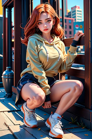 (masterpiece, top quality, best quality, mature content, beautiful and aesthetic), 1female, ginger, beauty, sexy, outcome, school_yard, short hoodie, mini skirt, stocking, sneakers, sexy poses,Sexy Pose,ginger beautie,Styles Pose,Striking Pose