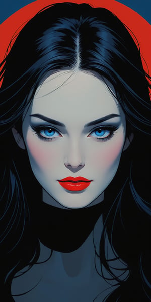 portrait of the incredibly beautiful woman, long straight black hair with parting in the middle, bright make up /red lipstick, black eyeshadows/, bright blue eyes, arrogance smirk, european facial features, comes out of a completely dark gateway illuminated only by moonlight, mystic embience, thriller, horror, dark palette,ghibli,Flat vector art,Vector illustration