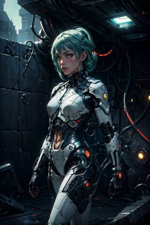 (masterpiece, best quality, official art), (extremely detailed CG unity 8k wallpaper, absurdres, 8k resolution), high quality, 8K, HDR, (retro-futuristic:1.5), 1girl, solo, green hair, perfect figure, below view,highres, ABSURDES, dramatic lighting