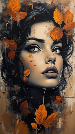 (masterpiece, high quality, 8K resolution),A surreal sketchbook-style graffiti spray-painted on the wall. a close up portrait of a beautiful woman with slavic features. Scattered strokes of paint create a unified image, elegant and chaotic. Add autumn mood, withered leaves, rusty shades, the theme of withering. The impasto technique creates a sense of relief and volume in the image, elegantly combining the elegance of classical art with the chaos of street art. Merge anime style and street art style.,Surreal art,graffiStyle