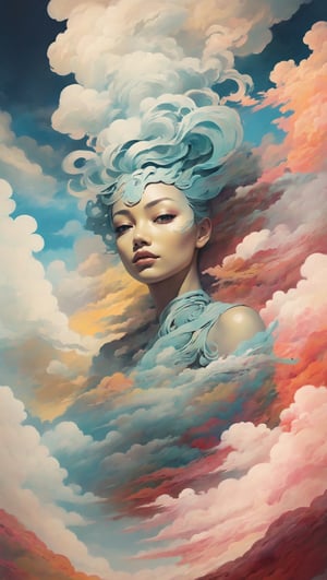 create abstract picture where mountain is a center of exposure and colorful clouds above mountain create a beautiful woman face. She is the guardian spirit of mountain, her face painted in primal style. Prevail soft colors, create inspire embience