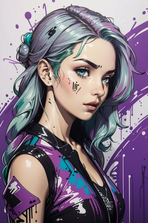 2D, graffitiStyle, (graffiti of perfect girl, random view, solo: 1.5), casual outfit, vibrant, detailed, very attractive, elegant face, sport figure, abstract, masterpiece, high quality, (emerald hair: black hair: 1.3), bright blue eyes, splashes of paint, dynamic pose, ,graffitiStyle