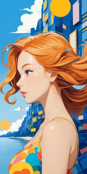 (masterpiece, high quality, 8K, high_res), abtract picture, summer mood, lightness and fun, portrait of side view, incredibly beautiful young woman, ginger hair, dress associated with summer, surreal background, symbolism, bright and colorful, excellent colors combinated, merge the brightness and acrtuality of pop art style and the semantic load of postmodernism