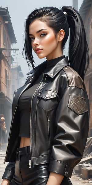 masterpiece, high quality, ultra detailed, sharp focus, breathtakingly beautiful woman as a center of composition, slavic fetures, black ponytail, straight parting, symmetrical styling, oversized leather jacket, fashion tshirt. leather miniskirt, high leather boots, urban style background, ultra detailed background, picture should be done in handpainted style /merge drawing techniques of pencils, ink and aerosol colors/, trending on social media and fashion magazines, from below, posing, fashion grunge photoshot style,score_9,score_8_up,score_7_up,score_6_up,score_5_up,score_4_up,source_anime,niji5