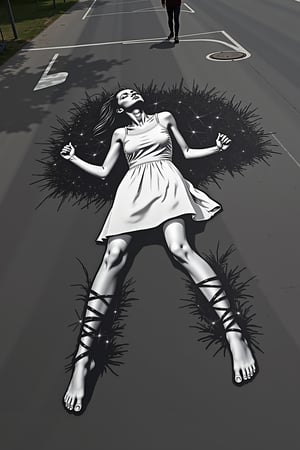 (masterpiece, high quality, 8K resolution), Art Object within the urban landscape. A graffiti drawing of a young beautiful woman weared in the light sundress lying on the asphalt. Around her are thickets of thorns, which wrap around her limbs, as if holding her captive. The camera shoots from above. Inspired by the work of Banksy. graffiStyle,