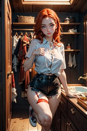 (masterpiece, top quality, best quality, mature content, beautiful and aesthetic), 1female, ginger, beauty, sexy, outcome, changing room, open casual shirt, mini skirt, stocking, sneakers, sexy poses,Sexy Pose,ginger beautie,Styles Pose,Striking Pose, natural lightning