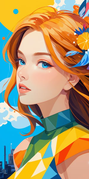 (masterpiece, high quality, 8K, high_res), abtract picture, summer mood, lightness and fun, portrait of side view, incredibly beautiful young woman, ginger hair, dress associated with summer, surreal background, symbolism, bright and colorful, excellent colors combinated, merge the brightness and acrtuality of pop art style and the semantic load of postmodernism