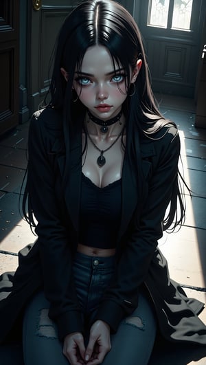 A captivating anime portrait of a young woman with long black hair and pale blue eyes, clad in a dusty black coat and worn jeans. In a dimly lit room, a cross-shaped light casts soft shadows on the floor, emphasizing her gothic makeup and the somber, minimalist atmosphere filled with religious symbolism. High angle, Shot with Leica M10 Monochrom, 50mm lens, f/2.0, 1/250s.,FluxGothicRealnime,Anime Style,