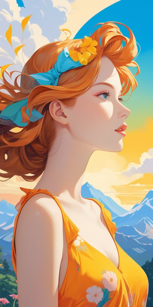 (masterpiece, high quality, 8K, high_res), abtract picture, summer mood, lightness and fun, portrait of side view, incredibly beautiful young woman, ginger hair, dress associated with summer, surreal background, symbolism, bright and colorful, excellent colors combinated, merge the brightness and acrtuality of pop art style and the semantic load of postmodernism