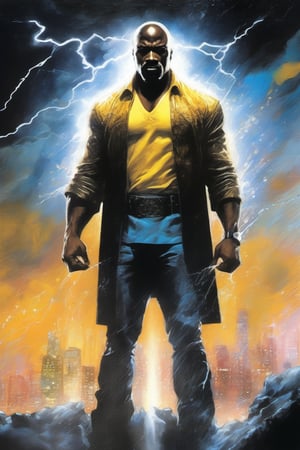 Luke Cage, Power Man, Marvel Comics, extremely vibrant colours, Highly detailed, highly cinematic, close-up image of a deity of martial_arts, perfect composition, psychedelic colours, magical flowing mist, city in the distance, nightsky, silver_fullmoon,   lots of details, rain downpour hurricane thunder lightnings sparkles metallic ink, beautifully lit, a fine art painting by drew struzan and karol bak, gothic art, dark and mysterious, ilya kuvshinov, russ mills, 
