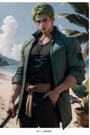 Zoro. A handsome young man, 23 years old, with a pretty face, tall and of medium build. Short, wavy green hair, light olive skin. With a slim and athletic body. He wears a loose-fitting black jacket that extends to mid-thigh, accompanied by a pair of loose-fitting black pants. On one side of his waist he carries three katanas. He keeps his jacket unbuttoned, exposing the detailed muscles of him. In the background there is a beach surrounded by tropical jungle and the sea in the distance, sciamano240, 1boy, Wrenchftmfshn, ,mackenyu