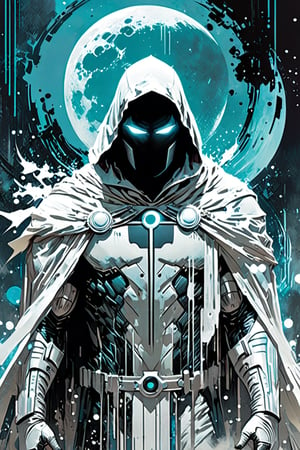 Moon Knight, white ornaments, sci fi, highly technology, iconographic, glitch background, , watercolor, ink, mist, interactive image, highly detailed, art style by Clayton Crain + Ross Tran + Rachel Walpole + Jeszika Le Vye + Dan Volbert + Simon Stalenhag + Brian Stelfreeze