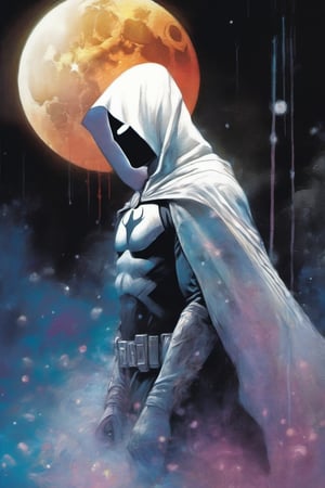 Moon Knight, Marc Spector, Marvel Comics, extremely vibrant colours, Highly detailed, highly cinematic, close-up image of a deity of moon, perfect composition, psychedelic colours, magical flowing mist, forest nature, silver_fullmoon, lots of details, rain downpour hurricane thunder lightnings sparkles metallic ink, beautifully lit, a fine art painting by drew struzan and karol bak, gothic art, dark and mysterious, ilya kuvshinov, russ mills, 
