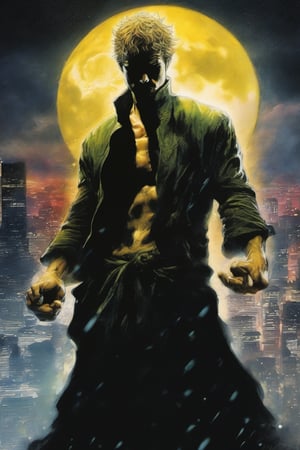 Iron Fist, Daniel "Danny" Rand, Marvel Comics, extremely vibrant colours, Highly detailed, highly cinematic, close-up image of a deity of martial_arts, perfect composition, psychedelic colours, magical flowing mist, city in the distance, nightsky, silver_fullmoon,   lots of details, rain downpour hurricane thunder lightnings sparkles metallic ink, beautifully lit, a fine art painting by drew struzan and karol bak, gothic art, dark and mysterious, ilya kuvshinov, russ mills, 
