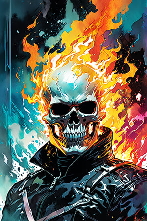 Ghost Rider, Marvel Comics, ornaments, sci fi, highly technology, iconographic, glitch background, , watercolor, ink, mist, interactive image, highly detailed, art style by Clayton Crain + Ross Tran + Rachel Walpole + Jeszika Le Vye + Dan Volbert + Simon Stalenhag + Brian Stelfreeze