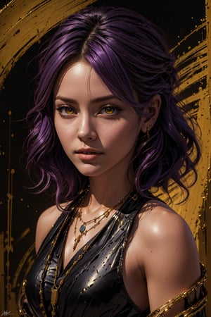 1girl, solo, a beautiful woman, 19 years old, oil painting, impasto, looking at viewer,  violet hair, long shoulder-length haircut, yellow eyes, pale skin, tomboy aesthetic, tribal necklace, urban psychedelic outfit, psychedelic  background, masterpiece, nijistyle, niji, ,sciamano240, soft shading, ARTSTYLE_AlexRoss_ComicArt_ownwaifu,soft shading,Hunter ,Amity Blight