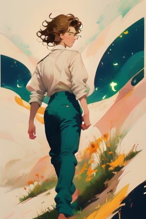 A young man with an angelic face and a serene gaze stands in an open field, surrounded by wildflowers. Her brown hair is combed in the gentle morning breezes as she gazes at the horizon with eyes full of dreams. The radiant sun illuminates his smooth skin and brightens the fabric of his rolled-up white shirt.  Around it, lush trees sway in the wind and white clouds sail across a deep blue sky. The atmosphere is calm and serene, only interrupted by the chirping of birds in the distance. The boy is standing, with his back to the viewer, looking out over the landscape.

Sunlight reflects off your hair and grass.

Soft, smooth skin
Slightly disheveled hair
Breathable fabric clothing 

Deep green for grass and trees
Sky blue for the sky
Bright yellow for the sun
Touches of red, orange and pink for the flowers 

Running 