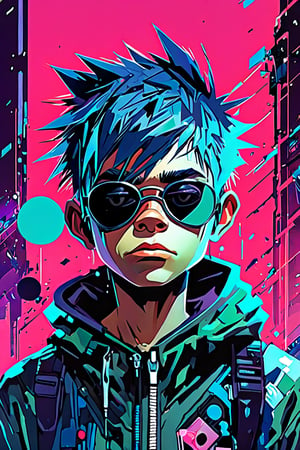 2-D from Gorillaz, 25 years old, sci fi, highly technology, iconographic, glitch background, interactive image, highly detailed, art style by Clayton Crain + Ross Tran + Rachel Walpole + Jeszika Le Vye + Dan Volbert + Simon Stalenhag + Brian Stelfreeze