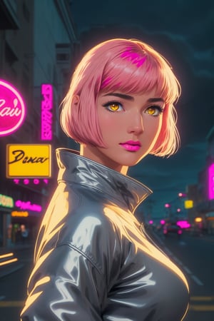 Mikura Suzuki a beautiful woman, 18 years old, short light_pink hair, bob haircut, yellow eyes, big breasts, wearing the silver "Driver" jacket, yellow sweater, action scene, in the background a night city with neon lights, interactive elements, very detailed, ((Detailed face)), ((Detailed Half body)), silver jacket, Color Booster, mikuraova