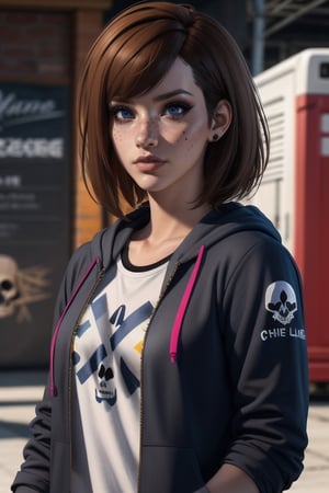 Max Caulfield, she is a hipster par excellence and prefers a sober style consisting of simple logo t-shirts and "generic jeans", a gray zip-up hoodie with a skull and crossbones design with sunglasses. and yellow writing that says "Swag Life." She has reddish brown hair, blue eyes, and freckles. She is wearing eyeshadow and eyeliner. She wears a set of three-color bracelets on her right wrist that appear to be silicone bracelets. sciamano240, fantasy, 