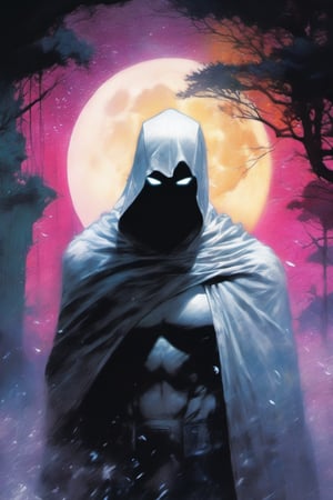 Moon Knight, Marc Spector, Marvel Comics, extremely vibrant colours, Highly detailed, highly cinematic, close-up image of a deity of moon, perfect composition, psychedelic colours, magical flowing mist, forest nature, silver_fullmoon, lots of details, rain downpour hurricane thunder lightnings sparkles metallic ink, beautifully lit, a fine art painting by drew struzan and karol bak, gothic art, dark and mysterious, ilya kuvshinov, russ mills, 
