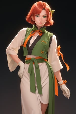 Yukina is a beautiful 20 year old woman. She has an muscular body, detailed muscles. She wears a short neck-length hair style, it is dense and a somewhat pale red hair, green eyes. She wears a white kimono with an orange ribbon up to her waist, and above her a green outfit consisting of a vest, gloves and boots, with orange ribbons tied to them. She usually uses some gogz. interactive image, highly detailed. 1girl,  sciamano240, yukina