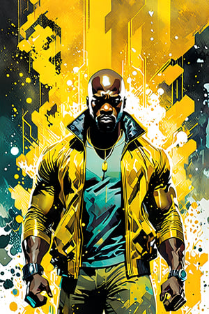 Luke Cage, Marvel Comics, yellow ornaments, sci fi, highly technology, iconographic, glitch background, , watercolor, ink, mist, interactive image, highly detailed, art style by Clayton Crain + Ross Tran + Rachel Walpole + Jeszika Le Vye + Dan Volbert + Simon Stalenhag + Brian Stelfreeze