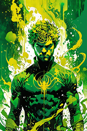 Iron Fist, Marvel Comics, green ornaments, sci fi, highly technology, iconographic, glitch background, , watercolor, ink, mist, interactive image, highly detailed, art style by Clayton Crain + Ross Tran + Rachel Walpole + Jeszika Le Vye + Dan Volbert + Simon Stalenhag + Brian Stelfreeze