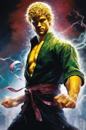 Iron Fist, Daniel "Danny" Rand, Marvel Comics, extremely vibrant colours, Highly detailed, highly cinematic, close-up image of a deity of martial_arts, perfect composition, psychedelic colours, magical flowing mist, city in the distance, nightsky, silver_fullmoon,   lots of details, rain downpour hurricane thunder lightnings sparkles metallic ink, beautifully lit, a fine art painting by drew struzan and karol bak, gothic art, dark and mysterious, ilya kuvshinov, russ mills, 
