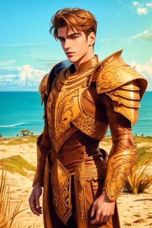 a handsome young man, 21 years old, wavy brown hair, long shoulder-length hair, brown eyes, cyber, cyberarmor, high tech, brown cyberarmor, orange ornaments, standing in an Iberian nature scene with the sea in the distance, sunny day, clear blue sky, light bright, soft colors, masterpiece, intricate and elaborate details, sciamano240,1boy, armor