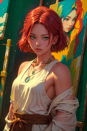 1girl, solo, Yukina, oil painting, impasto, looking at viewer, a young woman, 18 years old, red hair, shoulder length hair, green eyes, muscular figure, tribal necklace, urban psychedelic outfit, psychedelic  background, masterpiece, nijistyle, niji, ,sciamano240, soft shading, yukina