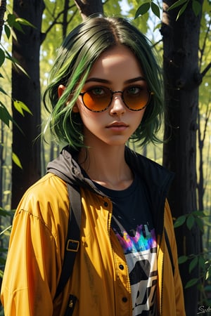 1girl, solo, a beautiful woman, 19 years old, oil painting, impasto, looking at viewer, short green hair, orange sunglass, tomboy aesthetic, yellow jacket, black t-shirt, urban psychedelic outfit, psychedelic  background, masterpiece, ,sciamano240, soft shading, soft shading, Willow Park
