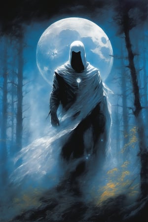 Moon Knight, Marvel Comics, extremely vibrant colours, Highly detailed, highly cinematic, close-up image of a deity of moon, perfect composition, psychedelic night colours, magical flowing mist, forest nature, silver_blue-fullmoon, lots of details, spirit, ghost, soul, spectral, metallic ink, beautifully lit, a fine art painting by drew struzan and karol bak, gothic art, dark and mysterious, ilya kuvshinov, russ mills, 
