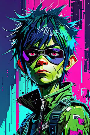 Murdoc Niccals from Gorillaz, 27 years old, sci fi, highly technology, iconographic, glitch background, interactive image, highly detailed, art style by Clayton Crain + Ross Tran + Rachel Walpole + Jeszika Le Vye + Dan Volbert + Simon Stalenhag + Brian Stelfreeze