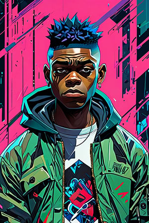 Russel Hobbs from Gorillaz, 23 years old,  bald, black man, muscular build, hip hop, rap, sci fi, highly technology, iconographic, glitch background, interactive image, highly detailed, art style by Clayton Crain + Ross Tran + Rachel Walpole + Jeszika Le Vye + Dan Volbert + Simon Stalenhag + Brian Stelfreeze