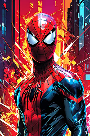 Spider-Man, Peter Parker, Marvel Comics, sci fi, highly technology, iconographic, glitch background, interactive image, highly detailed, art style by Clayton Crain + Ross Tran + Rachel Walpole + Jeszika Le Vye + Dan Volbert + Simon Stalenhag + Brian Stelfreeze