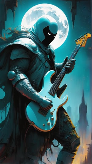 A futuristic Moon Knight playing an electric guitar, symbolizing a timeless connection between past and future. vibrant colors. vibrant colors, MASTERPIECE by Aaron Horkey and Jeremy Mann, masterpiece, best quality, Photorealistic, ultra-high resolution, photographic light, illustration by MSchiffer, fairytale, Hyper detailed
